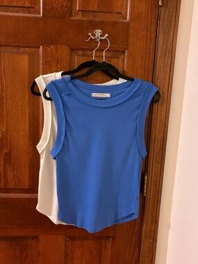 FREE PEOPLE Lot of 2 Kate Ribbed Tank Tops Sleeveless Tees Ivory Blue NWOT Sz XL